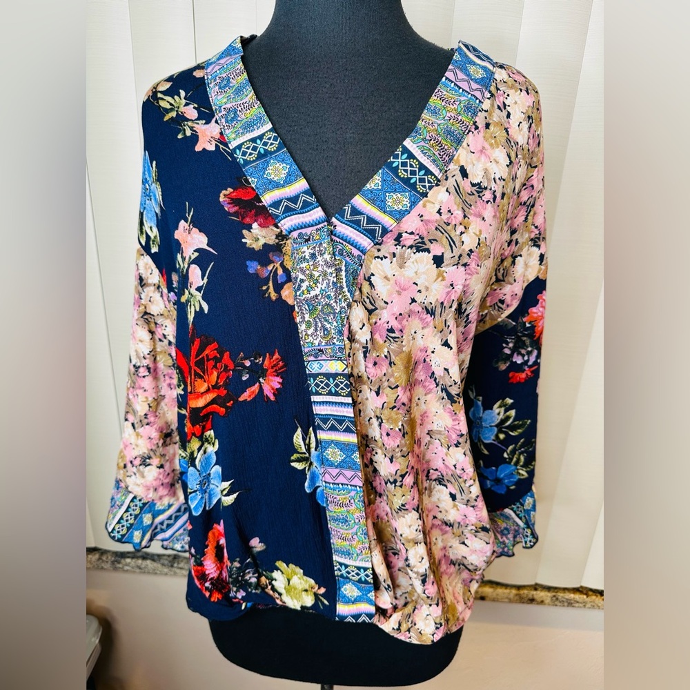 Umgee Multicolor Wrap High low Floral Blouse Festival Boho Prairie Size Small